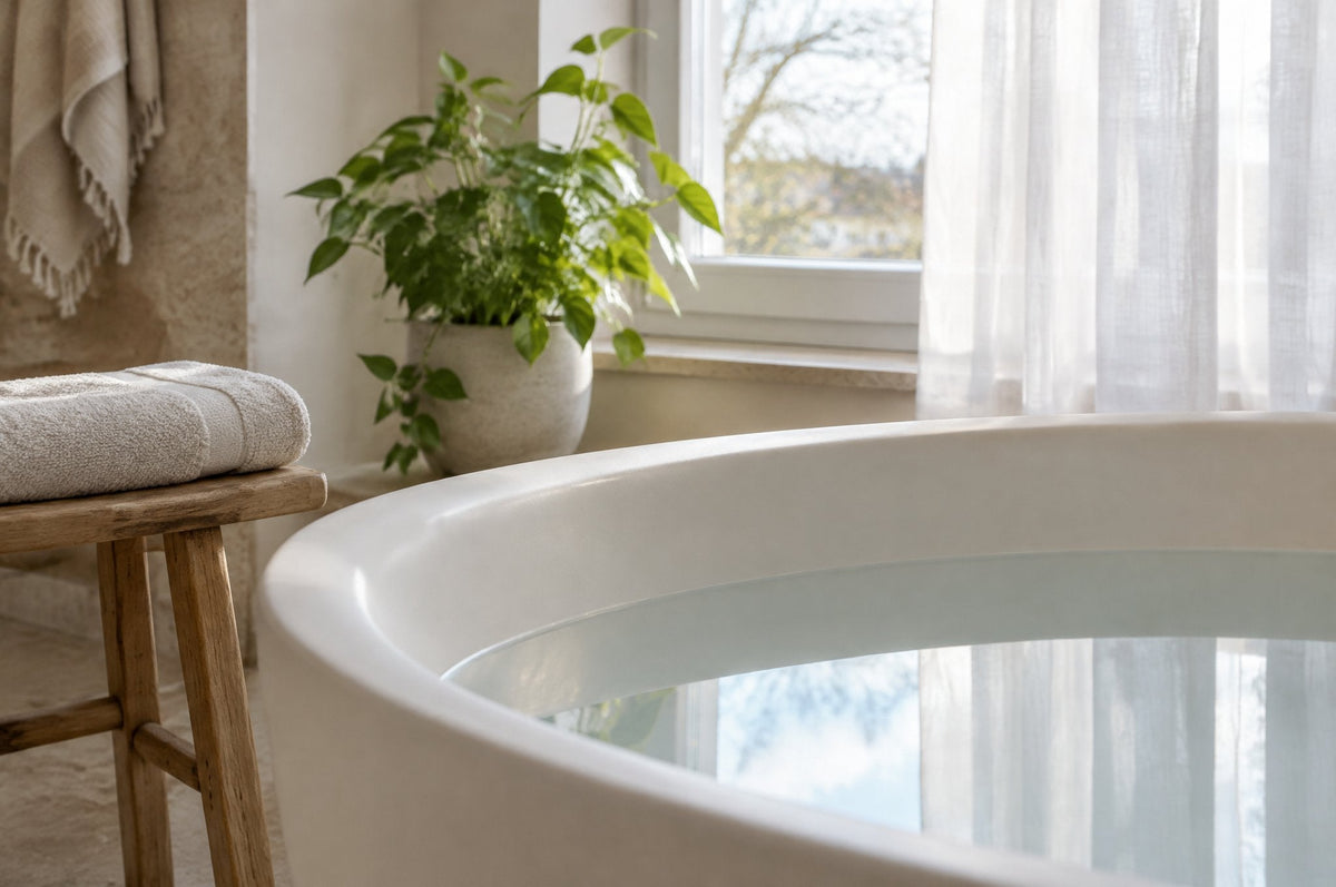 Rand einer matten weißen, freistehenden Badewanne mit Wasser, daneben Holzhocker mit Handtuch und Grünpflanze