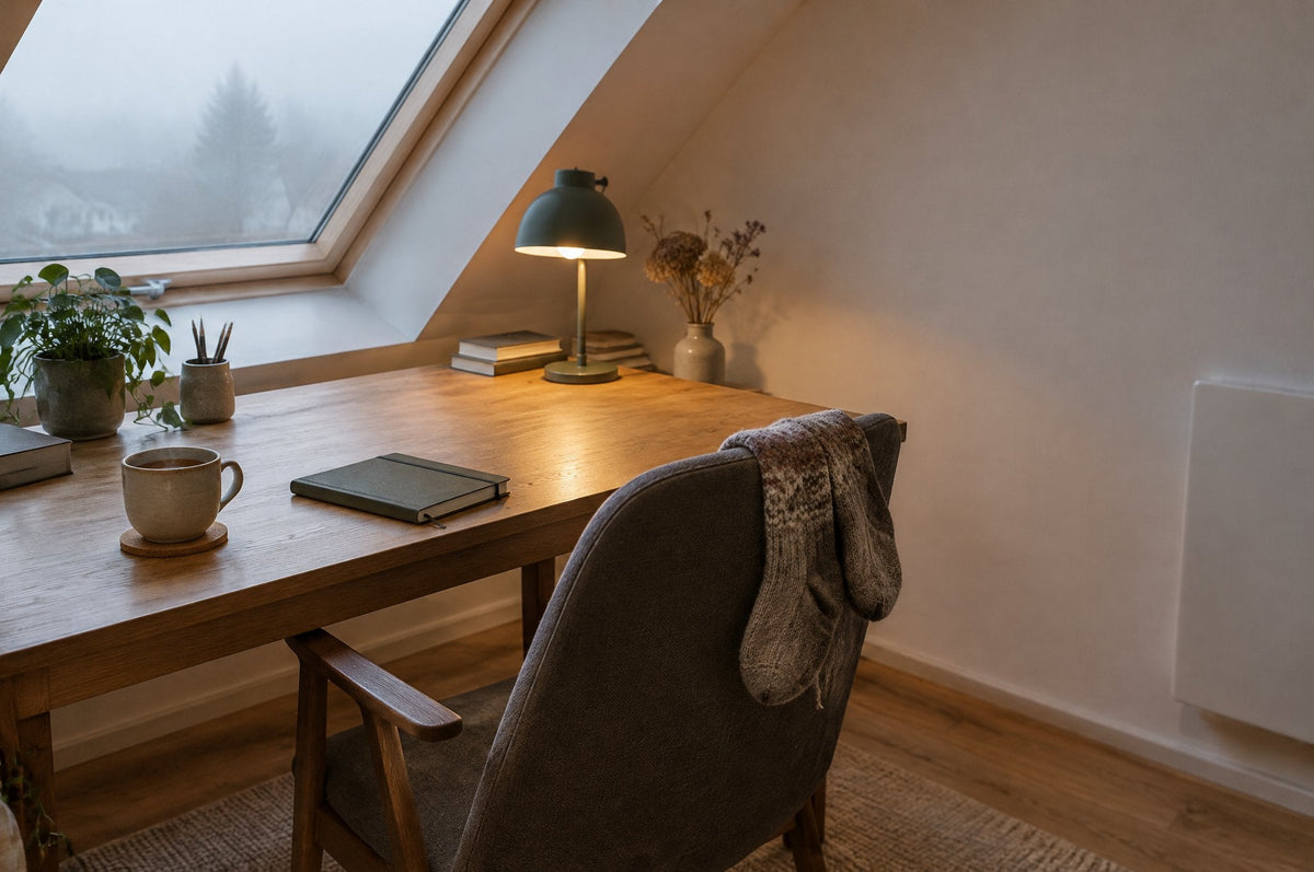 Arbeitszimmer unter der Dachschräge an einem nebligen Morgen: Schreibtisch, Lampe, Tee, rechts ein flacher Heizkörper