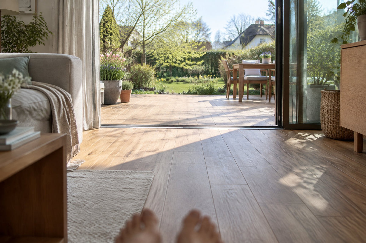 Lange Fliesen in Holzoptik laufen vom Wohnraum durch die offene Schiebetür auf die Terrasse, draußen Frühlingsgarten