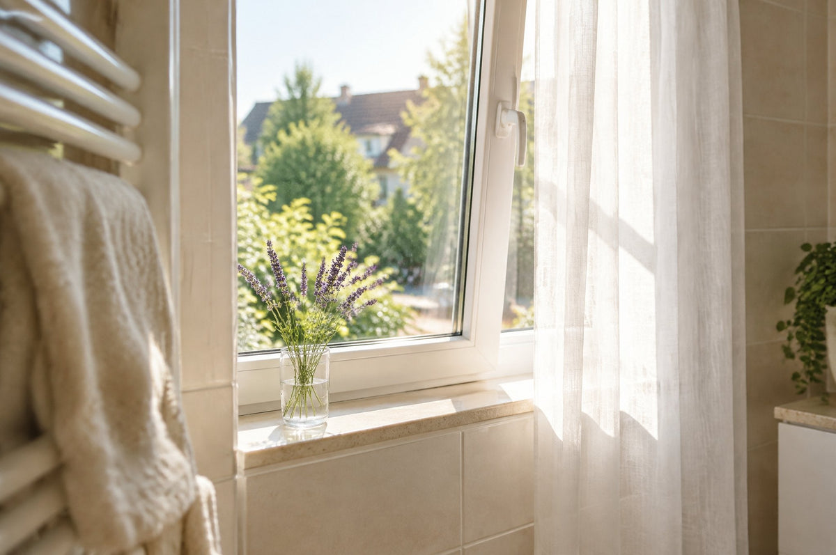 Bad im Spätsommer: offenes Fenster, Lavendel auf der Fensterbank, Handtücher über einem weißen Badheizkörper