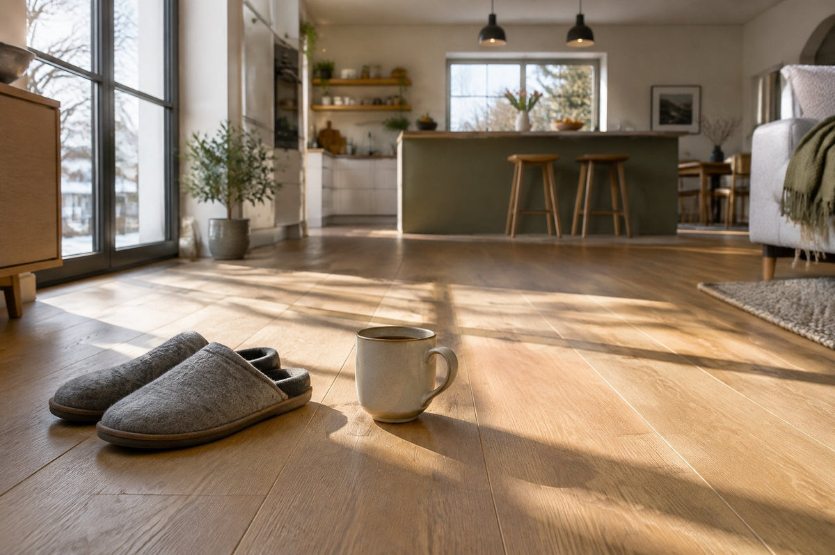 Dielenboden in Eichenoptik im Morgenlicht mit Hausschuhen und Kaffeetasse, dahinter eine offene Küche
