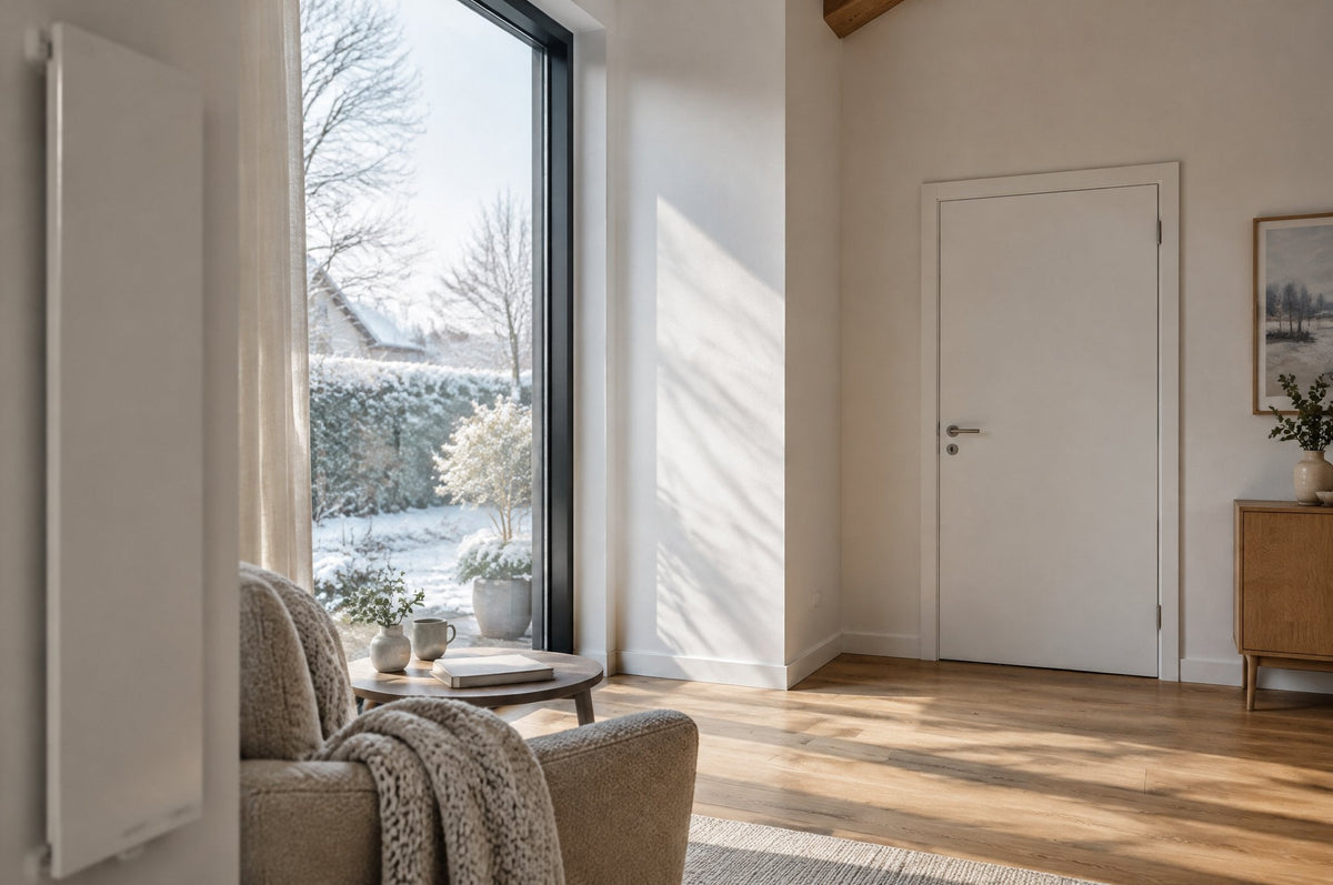 Wohnraum im Winterlicht mit bodentiefem Fenster, Tür und Sessel mit Wolldecke, links ein hoher, schmaler Heizkörper