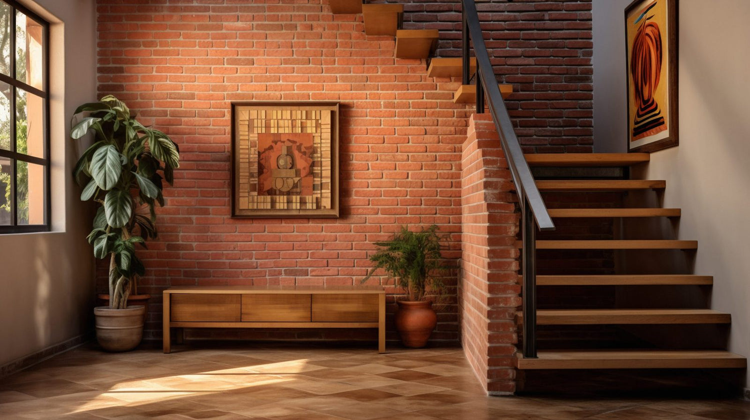 Treppenhaus im Altbau mit sichtbarem Ziegelmauerwerk und Holztreppe
