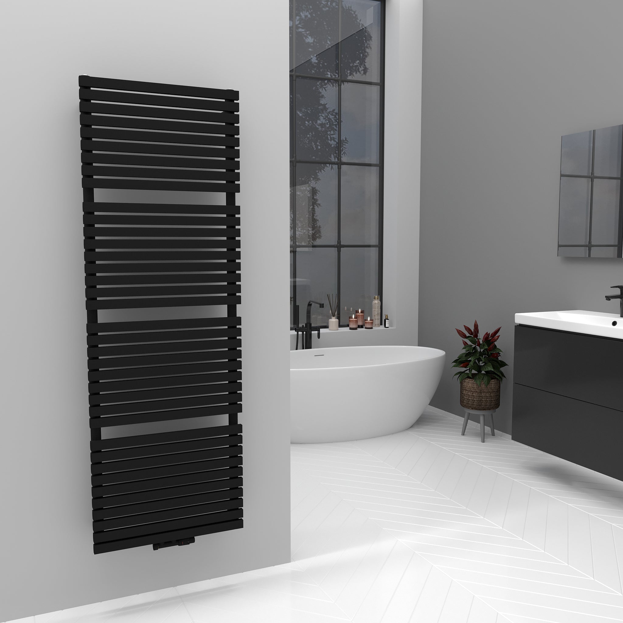 Badheizkörper Handtuchwärmer Paneelheizkörper 1350 Watt FLORA Schwarz – 50 × 140 – Produktfoto, Helia Bad