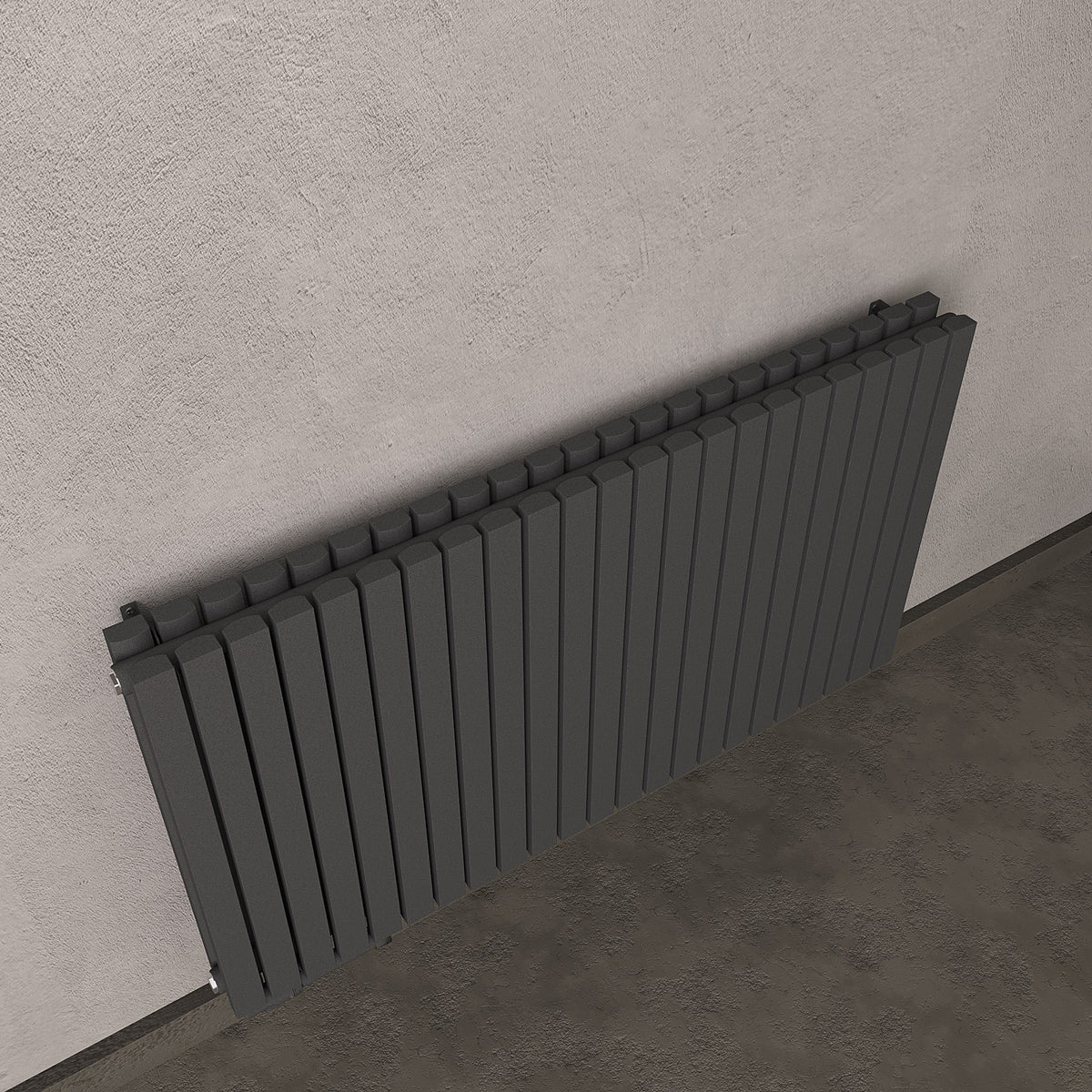 Design-Paneelheizkörper SOMERA Anthrazit, horizontal – Ansicht schräg von oben, zweite Raumszene
