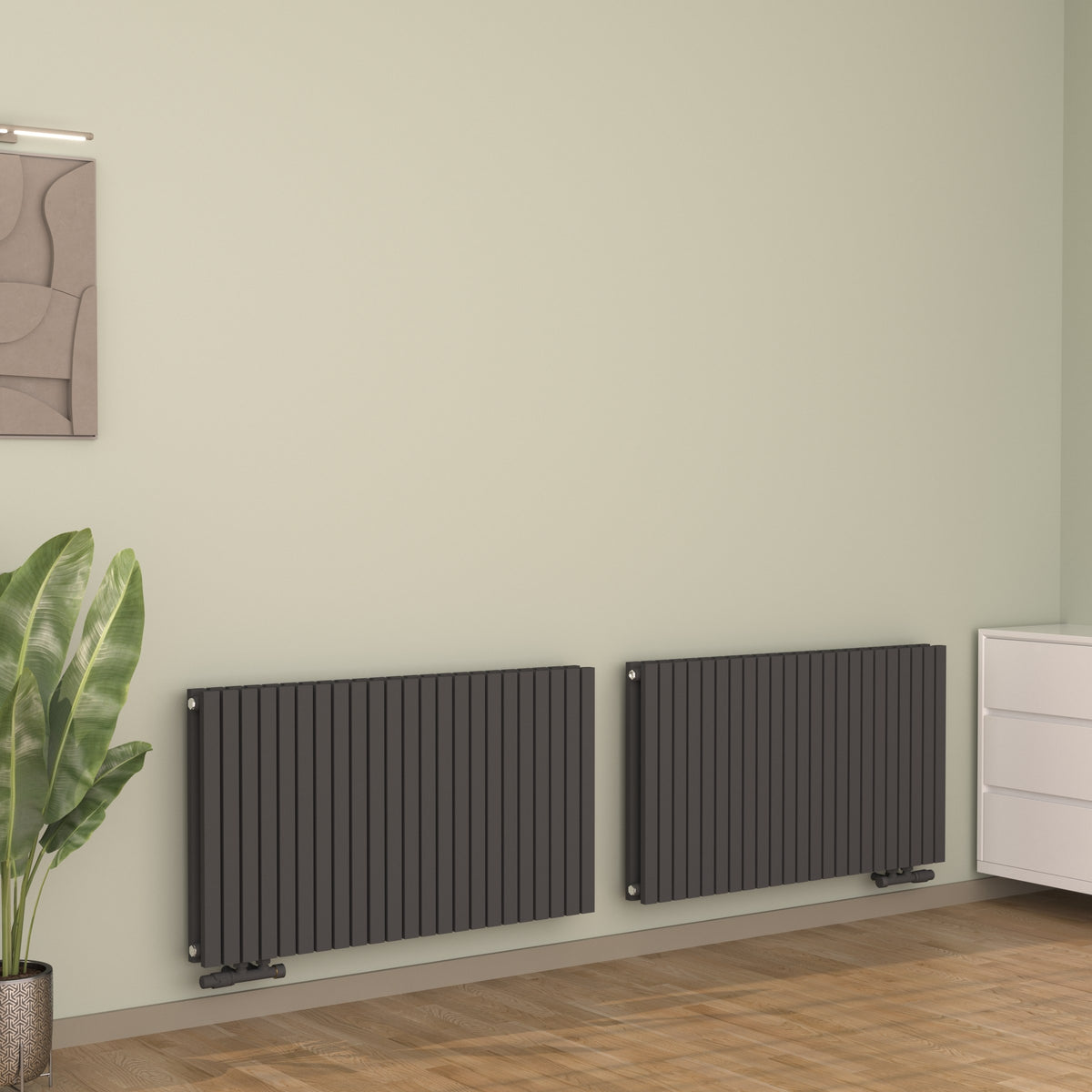Design-Paneelheizkörper SOMERA Anthrazit, horizontal – zwei Heizkörper nebeneinander im Wohnraum