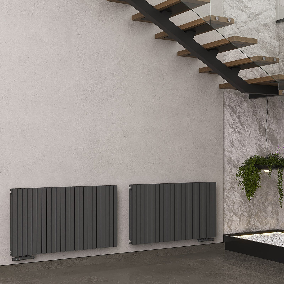Design-Paneelheizkörper SOMERA Anthrazit, horizontal – zwei Heizkörper nebeneinander, zweite Raumszene