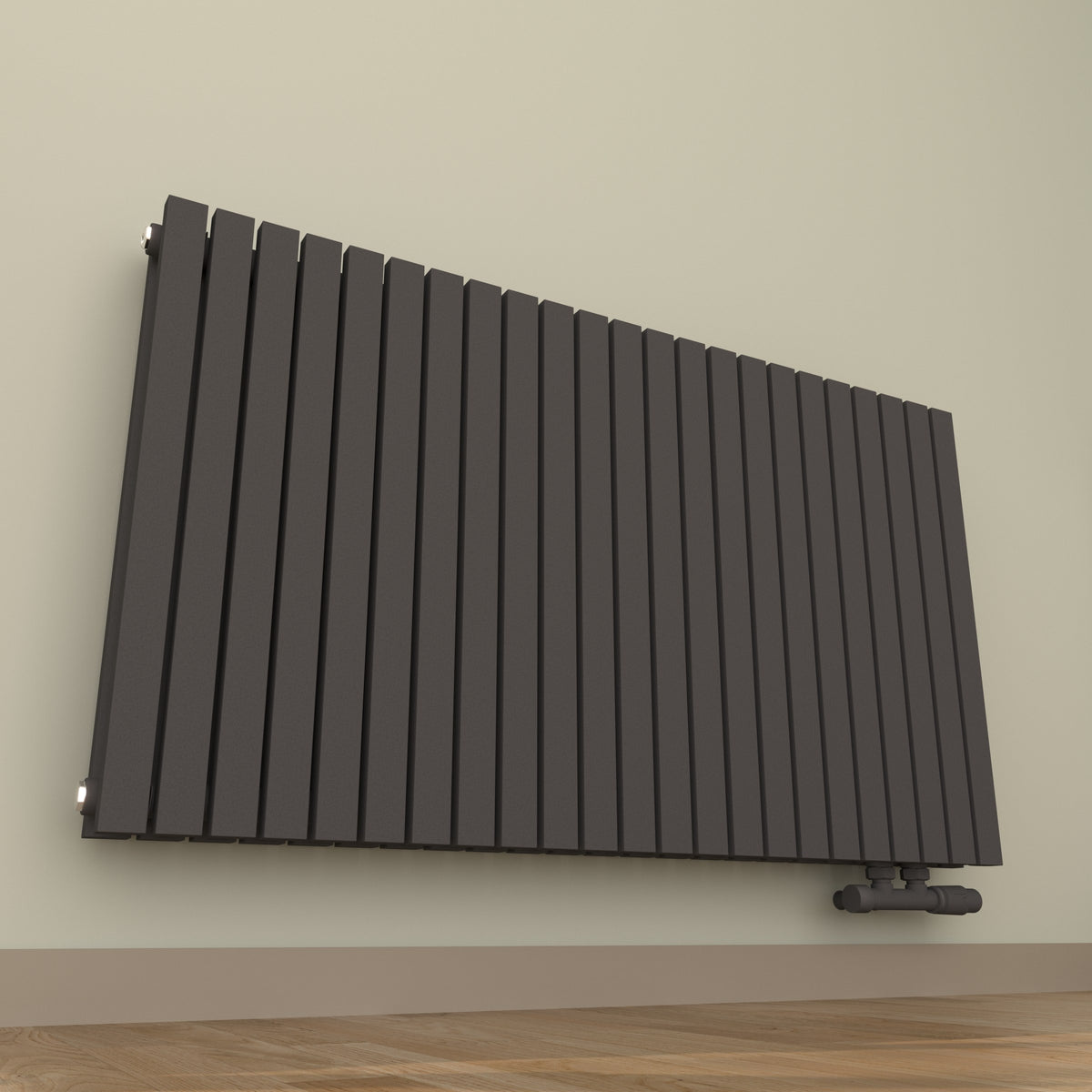 Design-Paneelheizkörper SOMERA Anthrazit, horizontal – Ansicht schräg von unten