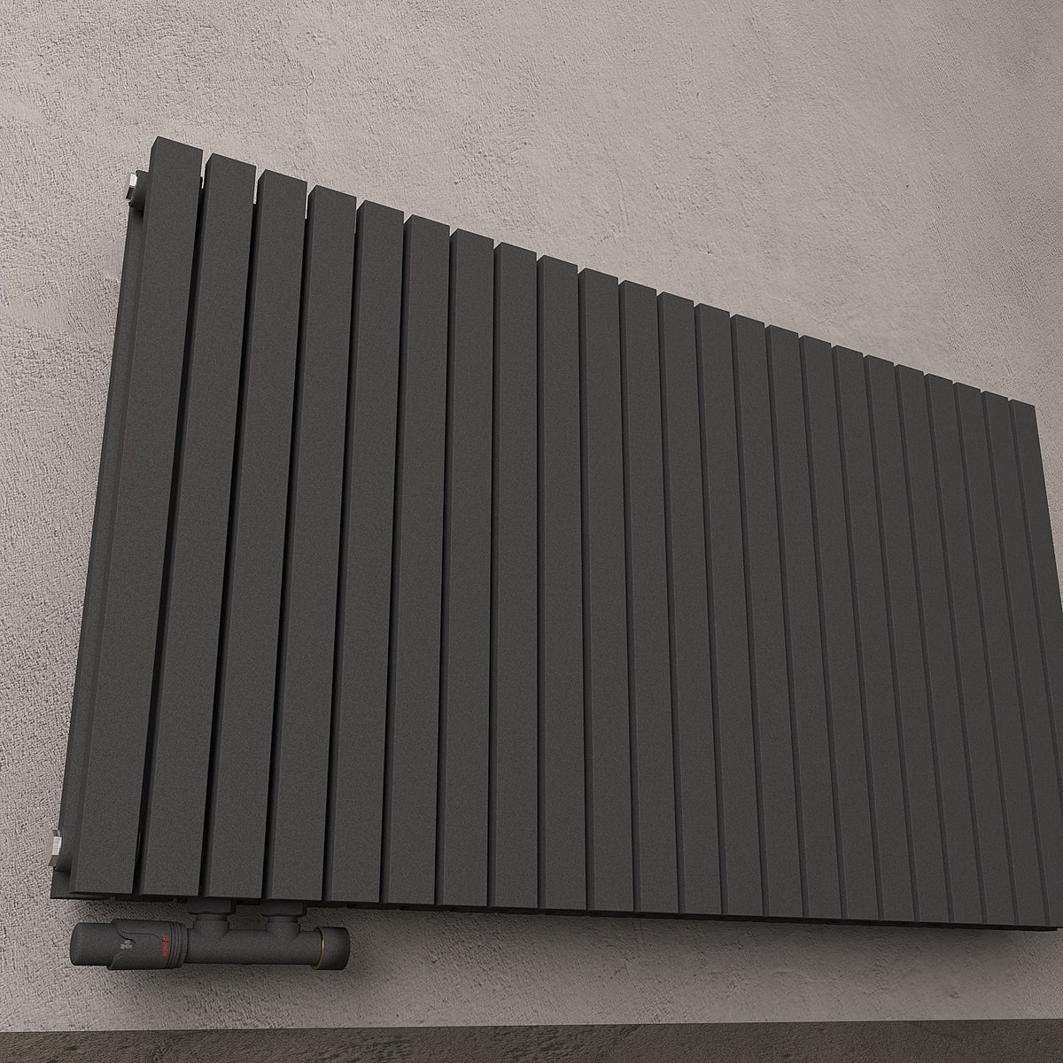 Design-Paneelheizkörper SOMERA Anthrazit, horizontal – Ansicht schräg von unten, zweite Raumszene