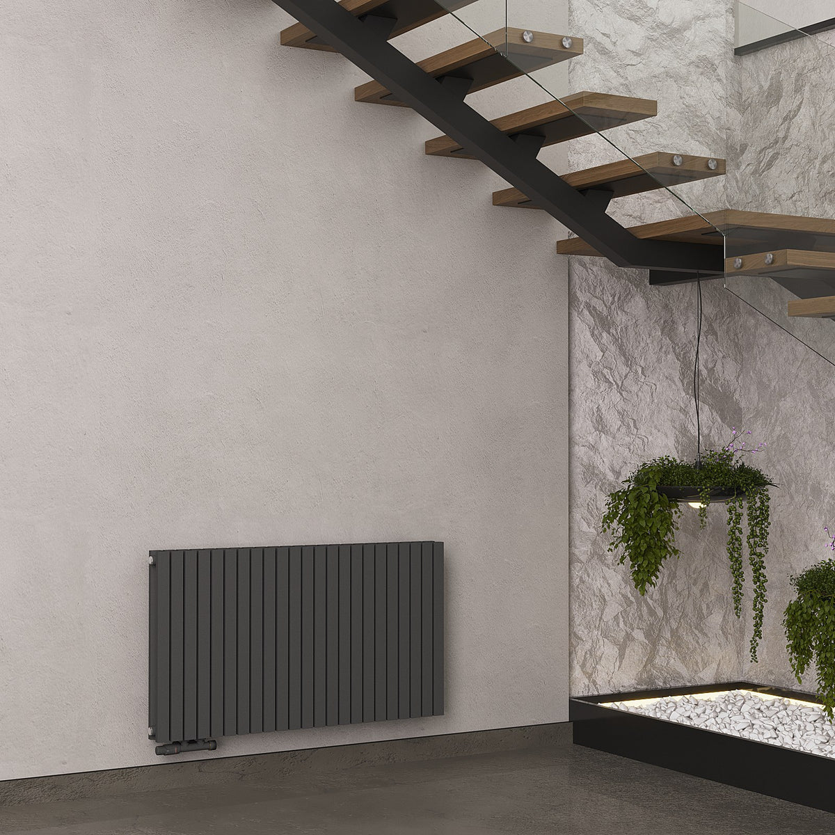 Design-Paneelheizkörper SOMERA Anthrazit, horizontal – Ansicht von vorn, zweite Raumszene
