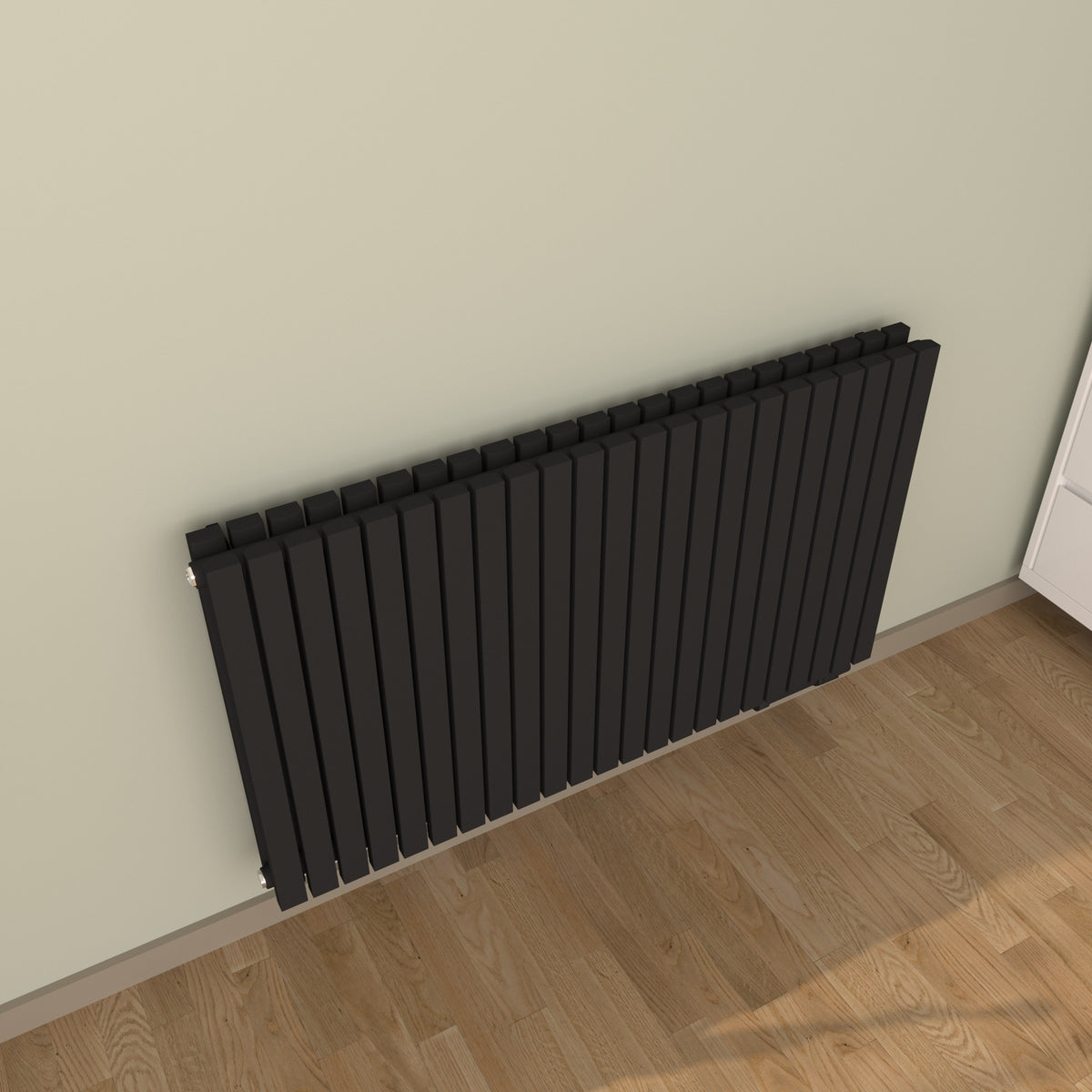 Design-Paneelheizkörper SOMERA Schwarz, horizontal – Ansicht schräg von oben