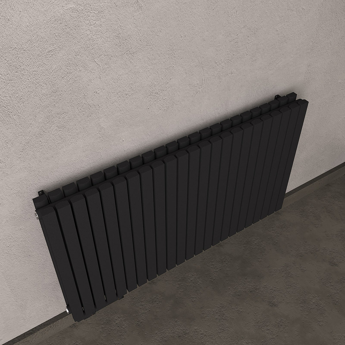 Design-Paneelheizkörper SOMERA Schwarz, horizontal – Ansicht schräg von oben, zweite Raumszene