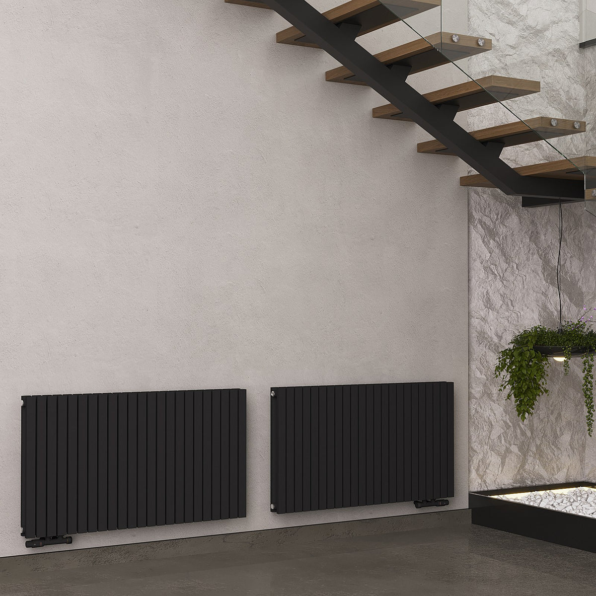 Design-Paneelheizkörper SOMERA Schwarz, horizontal – zwei Heizkörper nebeneinander, zweite Raumszene