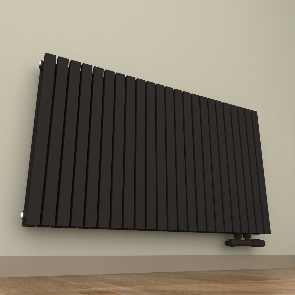 Design-Paneelheizkörper SOMERA Schwarz, horizontal – Ansicht schräg von unten
