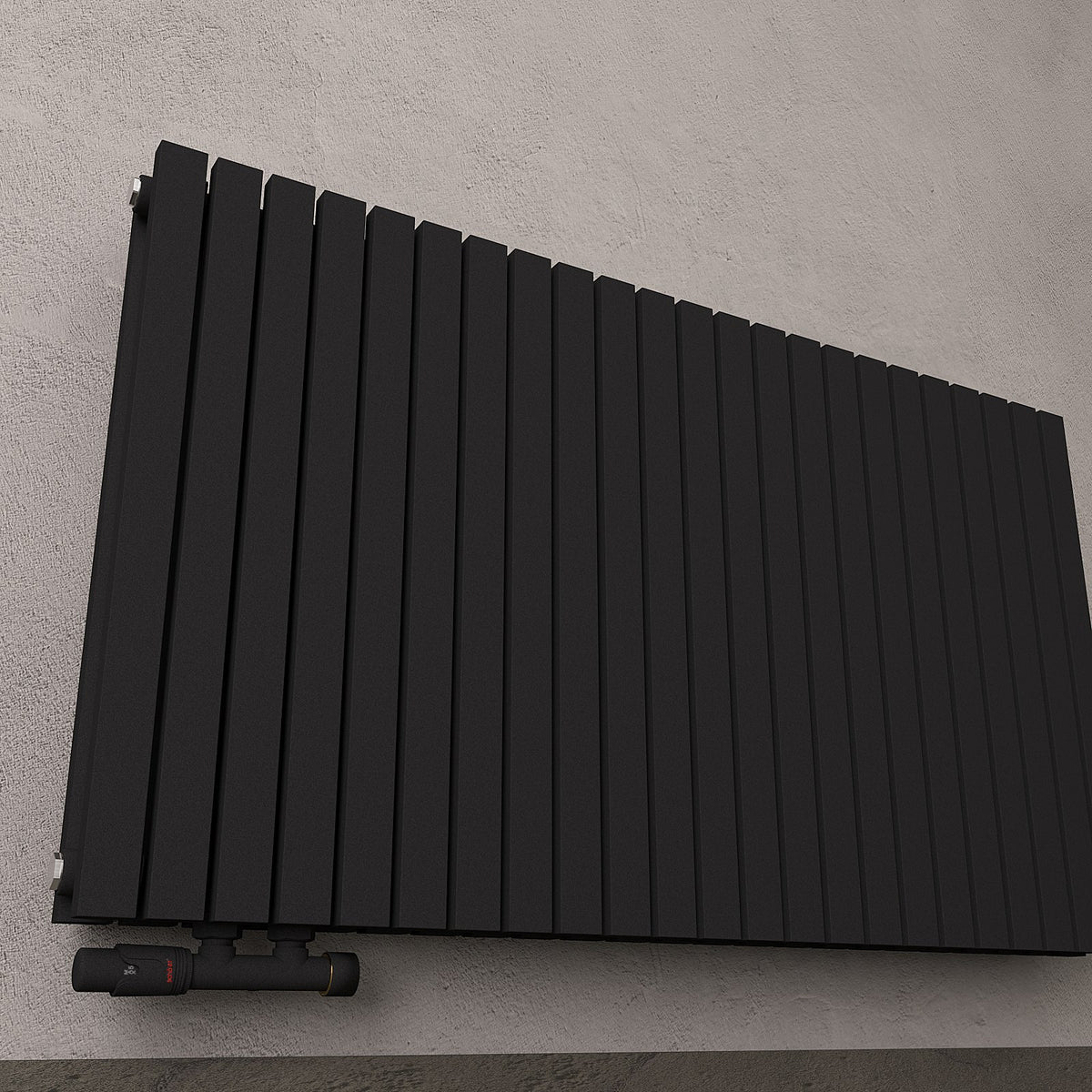 Design-Paneelheizkörper SOMERA Schwarz, horizontal – Ansicht schräg von unten, zweite Raumszene