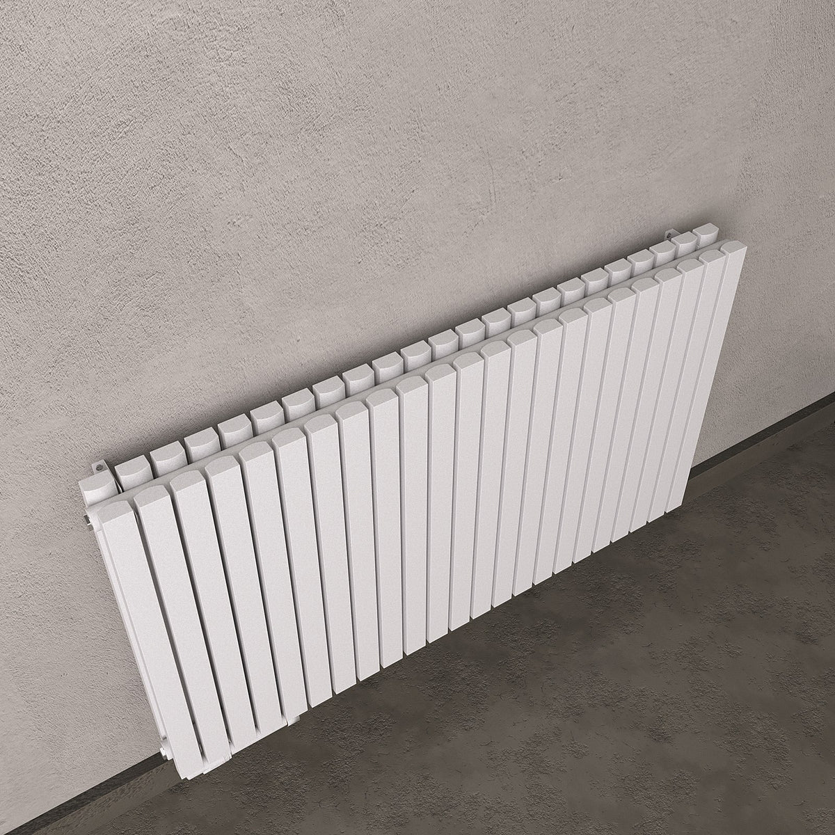 Design-Paneelheizkörper SOMERA Weiß, horizontal – Ansicht schräg von oben, zweite Raumszene