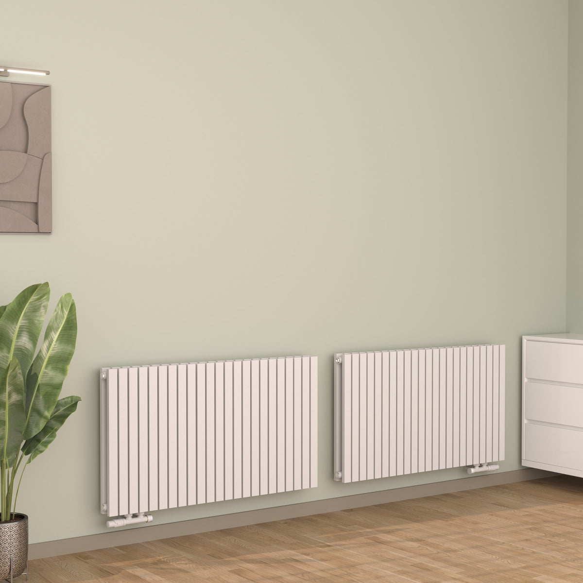Design-Paneelheizkörper SOMERA Weiß, horizontal – zwei Heizkörper nebeneinander im Wohnraum