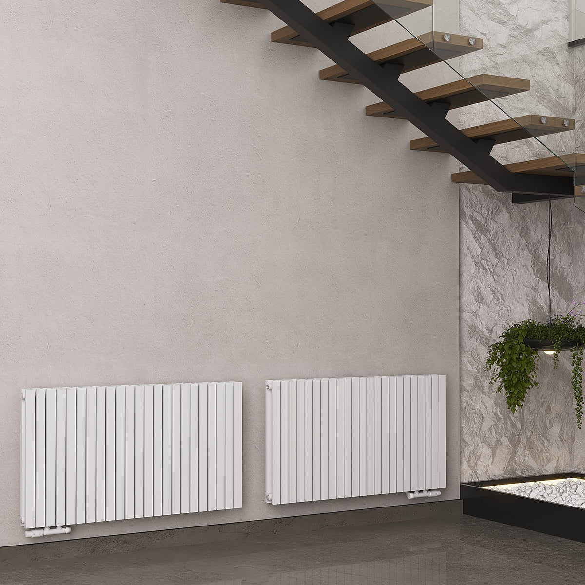 Design-Paneelheizkörper SOMERA Weiß, horizontal – zwei Heizkörper nebeneinander, zweite Raumszene