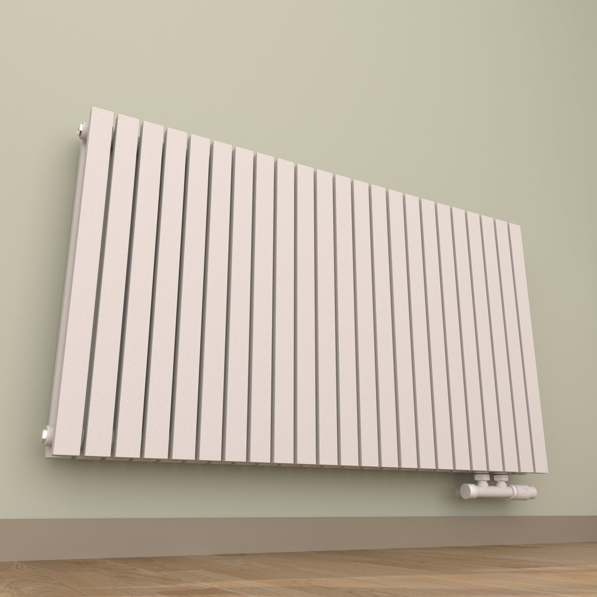 Design-Paneelheizkörper SOMERA Weiß, horizontal – Ansicht schräg von unten