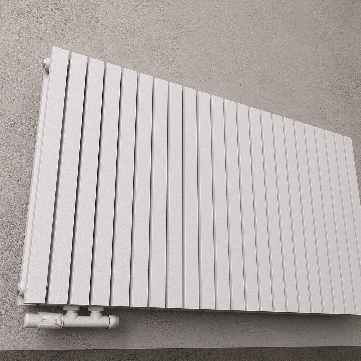 Design-Paneelheizkörper SOMERA Weiß, horizontal – Ansicht schräg von unten, zweite Raumszene