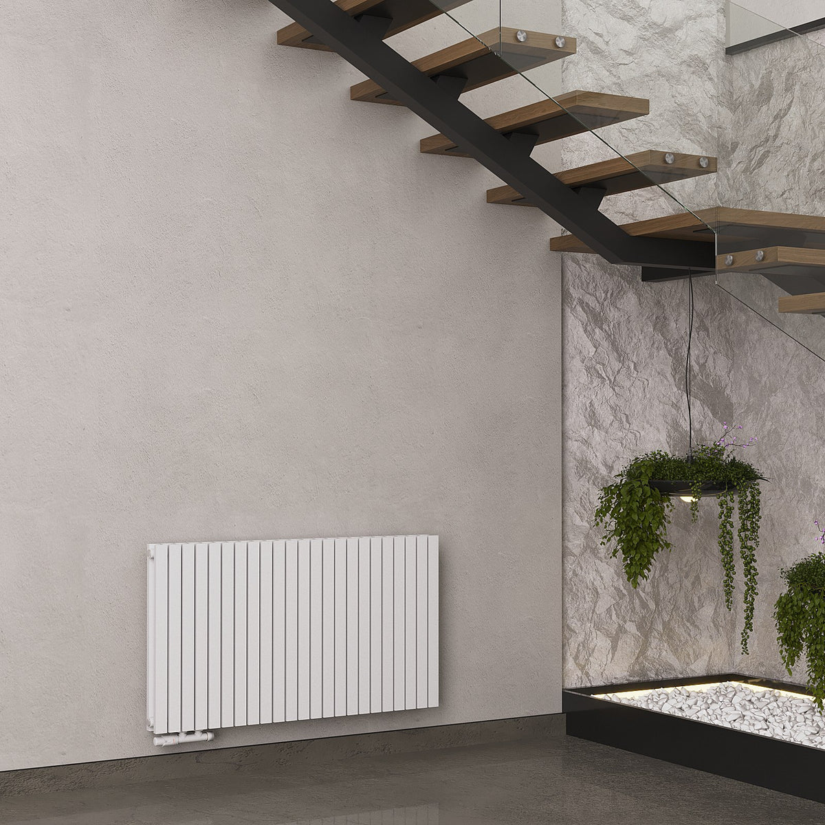 Design-Paneelheizkörper SOMERA Weiß, horizontal – Ansicht von vorn, zweite Raumszene