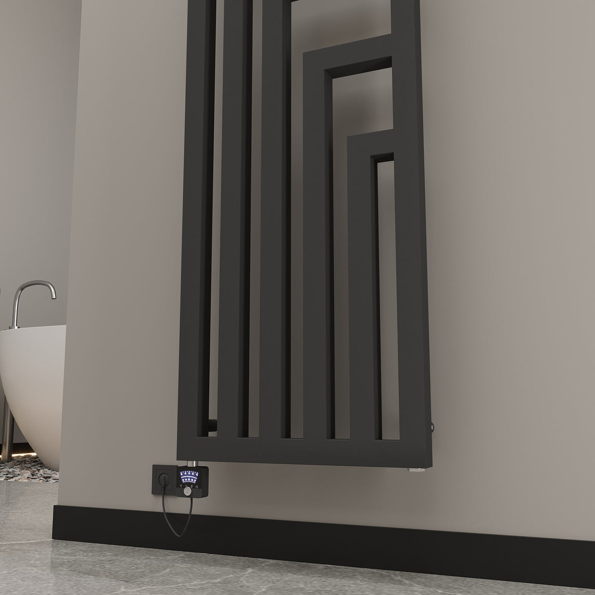 Elektrischer Design-Badheizkörper TORQA Anthrazit – Ansicht schräg von unten