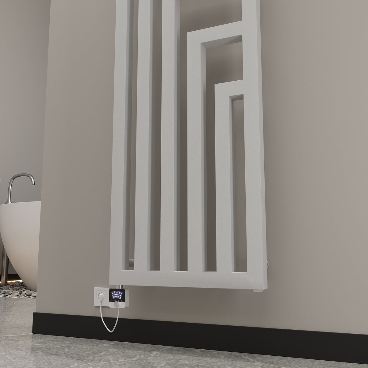 Elektrischer Design-Badheizkörper TORQA Weiß – Ansicht schräg von unten
