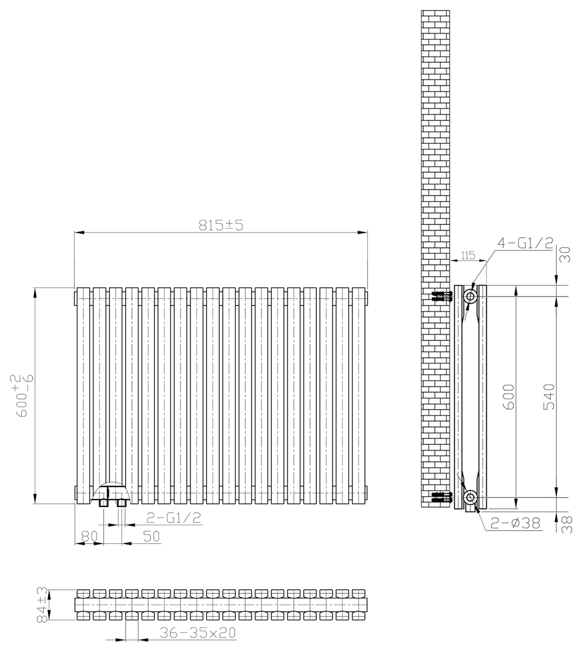 Maßzeichnung Design-Paneelheizkörper SOMERA Anthrazit – Horizontal, Doppellagig