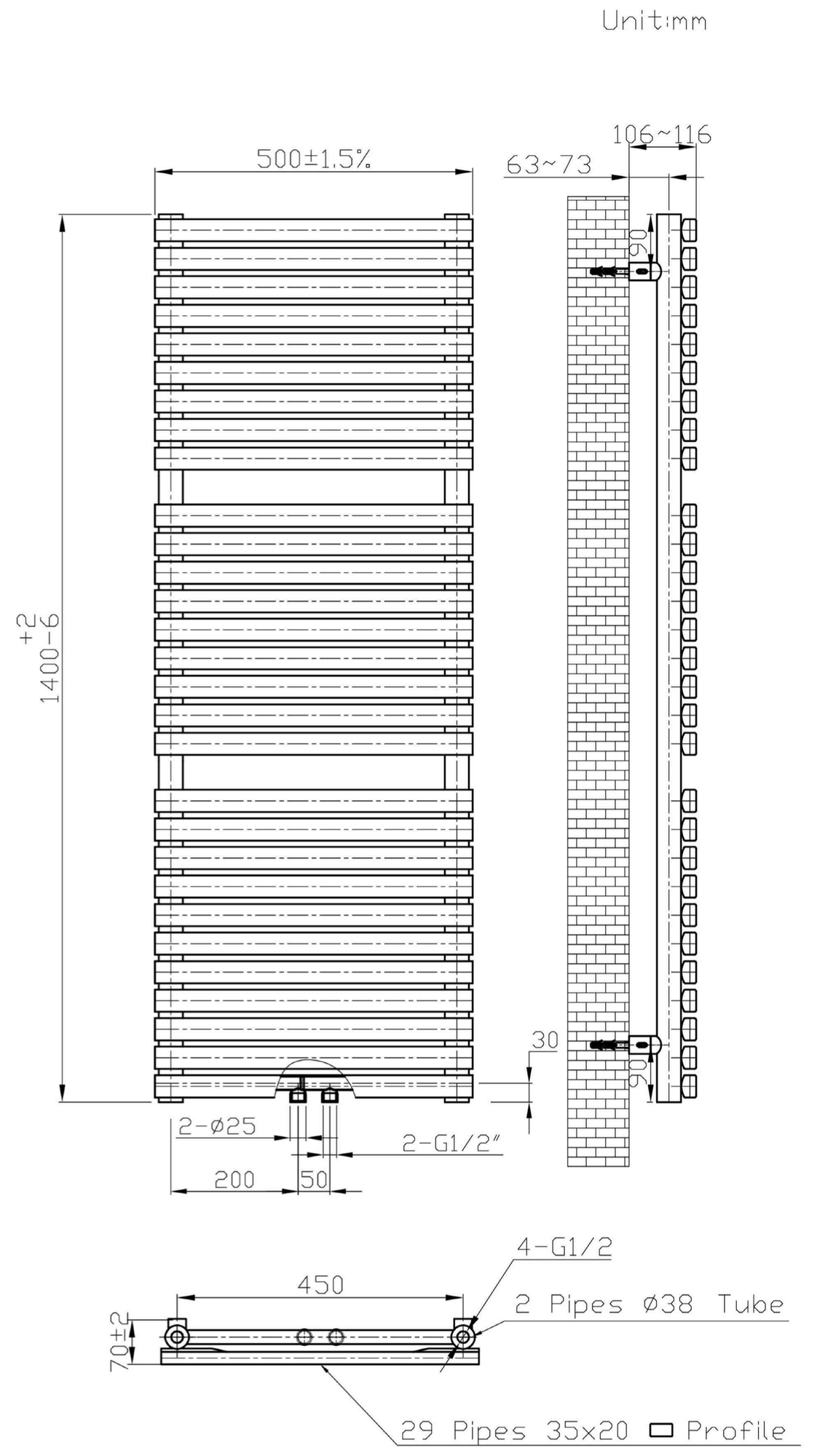 Maßzeichnung Paneelheizkörper TERZO Anthrazit – 1350 Watt Handtuchwärmer