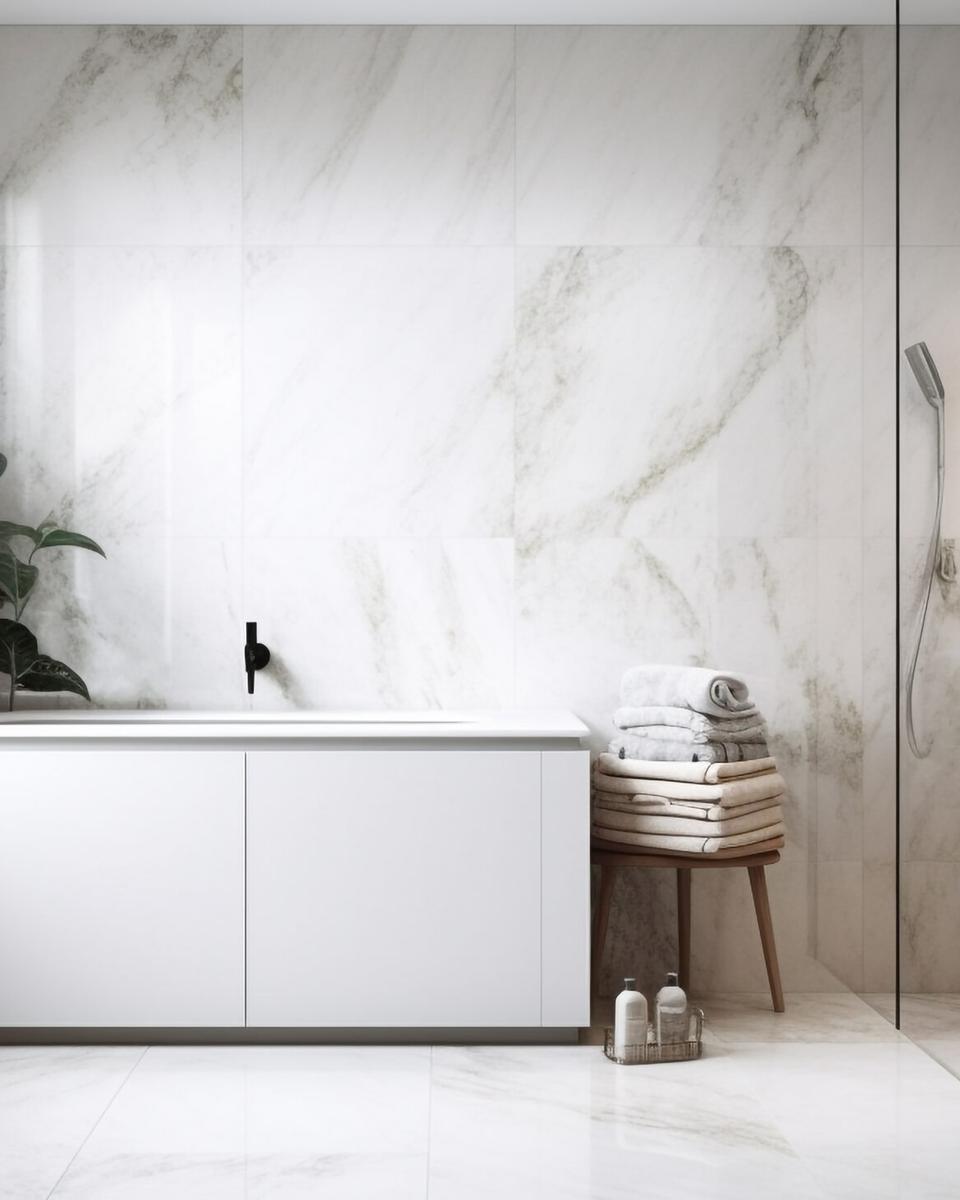 Bodenfliese Villeroy &amp; Boch Marmochic Deep Pearl Poliert verlegt – Anwendungsbeispiel